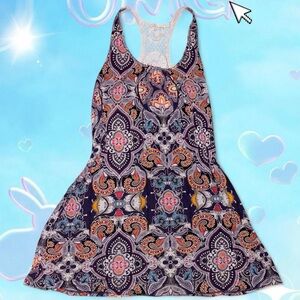 early 2010s artisan ny boho hippie app babydoll mini dress w crochet back, sz sm